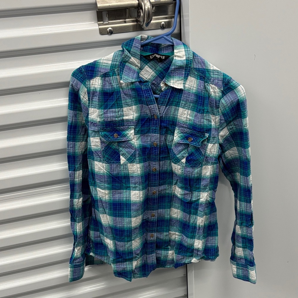 Express Turquoise and Blue Plaid Long Sleeves Button Up Shirt Gauze Metallic XS